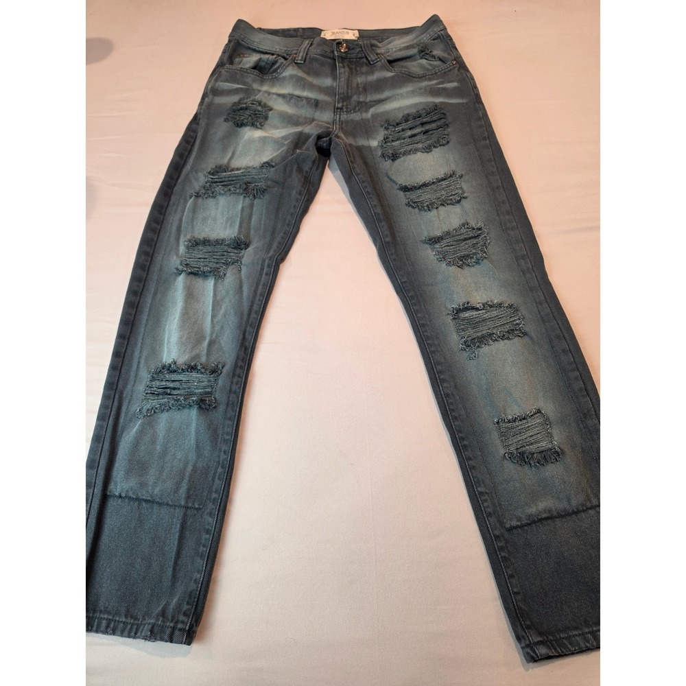 Jeanius by Akademiks Mens Distressed Ripped Straight Leg Jeans Blue W30 L30